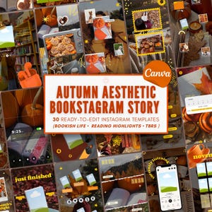 May include: A collection of 30 ready-to-edit Instagram story templates titled Autumn Aesthetic Bookstagram Story, featuring various autumn-themed layouts with pumpkins, fall foliage, books, and cozy imagery for reading highlights and TBR lists.