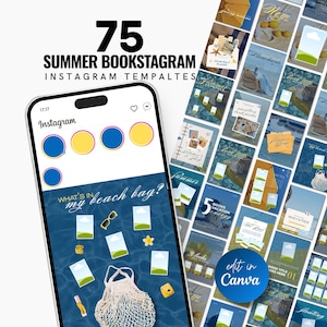 Op de afbeelding: Een afbeelding met 75 Summer Bookstagram Instagram-sjablonen. Het ontwerp toont een smartphone met een strandthema en een verzameling sjablonen. De sjablonen bevatten strandscènes, tekst en de optie om te bewerken in Canva.