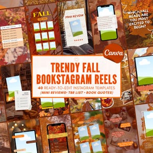 May include: A collection of 40 digital Instagram templates for book-related content, featuring autumn-themed backgrounds with orange and brown foliage. The text includes Trendy Fall Bookstagram Reels, 40 Ready-to-Edit Instagram Templates, and Mini Reviews, TBR List, Book Quotes.