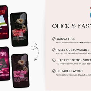Op de afbeelding: Vier smartphoneschermen met digitale sjablonen met tekst zoals PREORDER NOW LIVE, AVAILABLE NOW en Coming Soon. Aan de rechterkant staat de tekst QUICK & EASY, CANVA FREE, FULLY CUSTOMIZABLE, 40 FREE STOCK VIDEOS en EDIBLE LAYOUT.