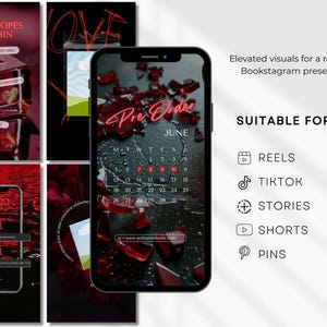 Op de afbeelding: Een smartphone toont een digitale kalender voor juni met een rood en zwart thema met scherven van gebroken glas. Het scherm toont de tekst Pre Order, een maandkalender en een website-URL. De achtergrond bevat rode en zwarte afbeeldingen.