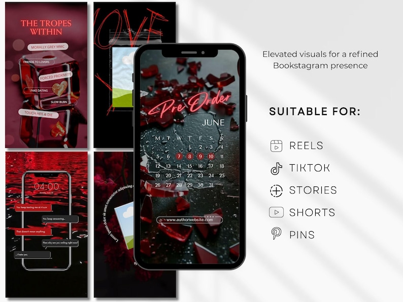 Op de afbeelding: Een smartphone toont een digitale kalender voor juni met een rood en zwart thema met scherven van gebroken glas. Het scherm toont de tekst Pre Order, een maandkalender en een website-URL. De achtergrond bevat rode en zwarte afbeeldingen.