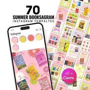 以下が含まれることがあります： 夏の書籍プロモーション用の70個のInstagramテンプレートをフィーチャーしたデジタル製品モックアップ。デザインには、Instagramのインターフェース要素とさまざまな本の表紙デザインを表示するスマートフォンが含まれています。テンプレートはピンク、イエロー、グリーンの色合いです。