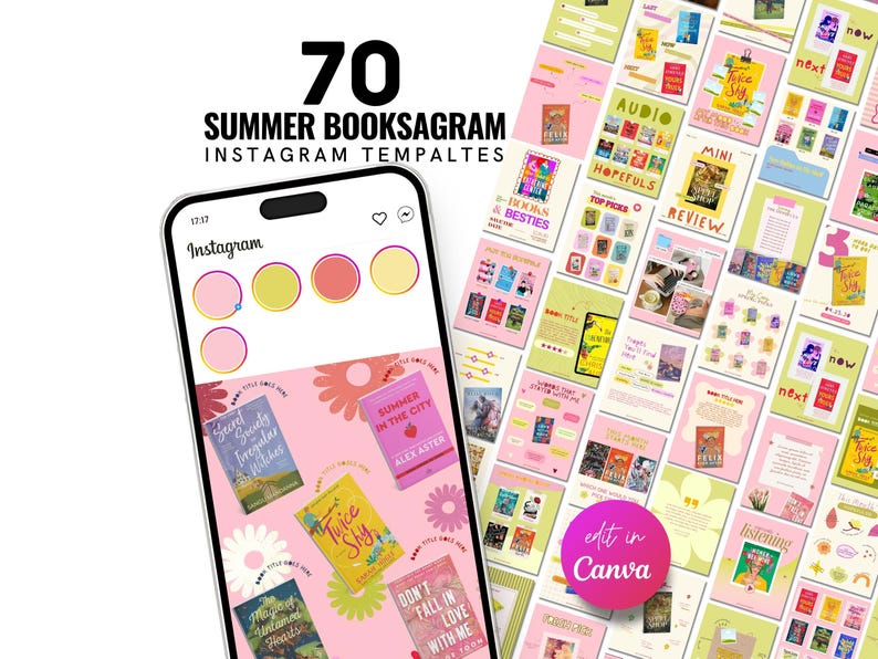 以下が含まれることがあります： 夏の書籍プロモーション用の70個のInstagramテンプレートをフィーチャーしたデジタル製品モックアップ。デザインには、Instagramのインターフェース要素とさまざまな本の表紙デザインを表示するスマートフォンが含まれています。テンプレートはピンク、イエロー、グリーンの色合いです。