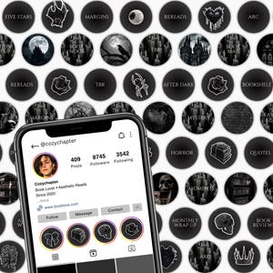 May include: A collection of black and white Instagram highlight covers with gothic and book-themed icons. A smartphone displays a profile with the username "cozychapter". The icons include moons, roses, bats, and skulls, perfect for book lovers.