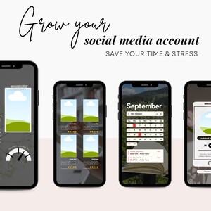 May include: Four smartphones displaying social media account management concepts. The screens show a battery charging graphic, book displays, a September calendar, and a music player interface. Text at the top reads "Grow your social media account."