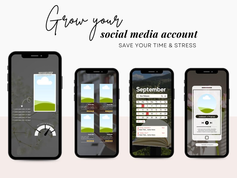 May include: Four smartphones displaying social media account management concepts. The screens show a battery charging graphic, book displays, a September calendar, and a music player interface. Text at the top reads "Grow your social media account."