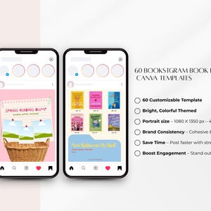 以下が含まれることがあります： 3つのスマートフォンには、本の発売用のInstagramテンプレートが表示されています。テンプレートには、カラフルな本の表紙、柳のバスケット、および「Spring Reading Bump」と「New Babies on My Shelf」というテキストが表示されます。テンプレートはCanva用に設計されています。