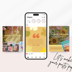 May include: An Instagram post mockup with book covers and a phone displaying a quote. The image includes the text "Romance Picks", "Book of the Month", and "Let's make your posts pop!"
