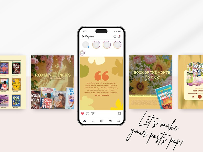 May include: An Instagram post mockup with book covers and a phone displaying a quote. The image includes the text "Romance Picks", "Book of the Month", and "Let's make your posts pop!"