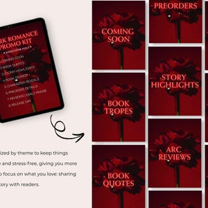 Op de afbeelding: Een digitale tablet met een Dark Romance Promo Kit lijst naast een raster van rode roosafbeeldingen met tekstoverlays zoals Coming Soon, Preorders, Release Day, Story Highlights, Book Tropes, Character Reveals en Arc Reviews.
