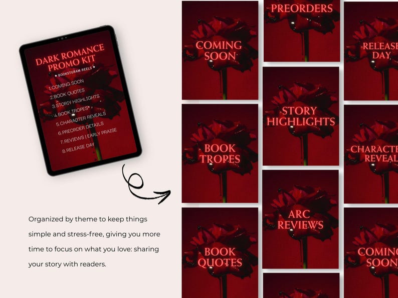 Op de afbeelding: Een digitale tablet met een Dark Romance Promo Kit lijst naast een raster van rode roosafbeeldingen met tekstoverlays zoals Coming Soon, Preorders, Release Day, Story Highlights, Book Tropes, Character Reveals en Arc Reviews.