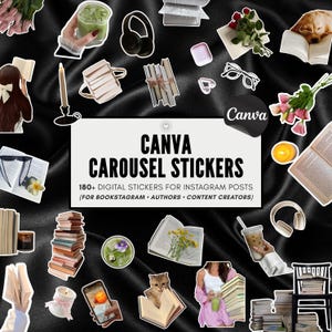 Può includere: Una collezione di adesivi digitali con libri, caffè, fiori, cuffie, candele e animali domestici. Il testo centrale recita CANVA CAROUSEL STICKERS 180+ DIGITAL STICKERS FOR INSTAGRAM POSTS (FOR BOOKSTAGRAM • AUTHORS • CONTENT CREATORS).