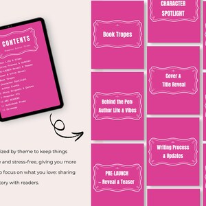 以下が含まれることがあります： デジタルタブレットには、「CONTENTS」という単語とトピックのリストが表示されたピンク色の画面が表示されています。タブレットの周りには、「Book Tropes」や「Character Spotlight」など、白い文字が入ったピンク色のカードがあります。この画像は、著者のためのリソースを宣伝しています。