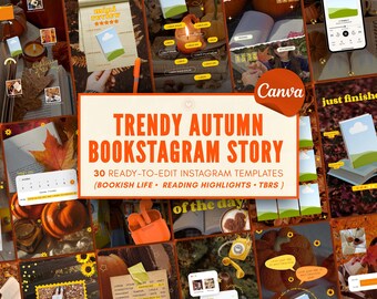 May include: A collection of 30 digital Instagram story templates featuring autumn-themed designs with pumpkins, fall leaves, and bookish elements. The templates include text overlays, reading trackers, and placeholders for photos with a warm orange color palette.