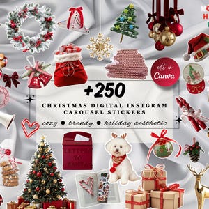 May include: A collection of Christmas-themed digital Instagram stickers. The image features various festive elements like wreaths, ornaments, Santa hats, and a Christmas tree. Text includes "+250 CHRISTMAS DIGITAL INSTAGRAM CAROUSEL STICKERS" and "cozy • trendy • holiday aesthetic."
