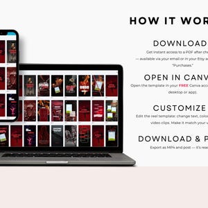 Op de afbeelding: Een laptop en smartphone tonen een verzameling social media reel-sjablonen in donkerrood en zwart. De tekst luidt: HOW IT WORKS, DOWNLOAD, OPEN IN CANVA, CUSTOMIZE en DOWNLOAD & POST, wat het proces voor het gebruik van de sjablonen uitlegt.