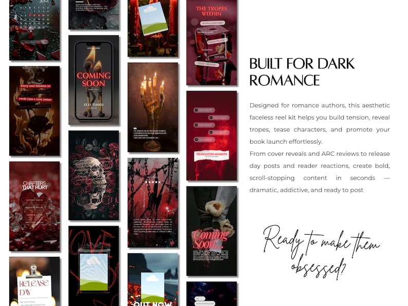 Op de afbeelding: Een digitale marketingkit voor sociale media met een verzameling donkere, sfeervolle sjablonen in rood- en zwarttinten. De afbeeldingen bevatten brandende lucifers, schedels, rozen, kaarsen en kettingen, met tekstoverlays zoals BUILT FOR DARK ROMANCE.
