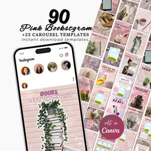 May include: A digital product featuring 90 pink Instagram templates for book-related content, plus 23 carousel templates. The image shows a phone with a stack of books and the text "BOOKS LEFT ON MY LIST".
