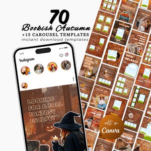 Op de afbeelding: Een digitale productweergave met 70 Instagram carrousel templates "Bookish Autumn". De sjablonen hebben een warm, herfstkleurenschema en bevatten tekst zoals "Looking for a Fall Fantasy Escape?" en "Edit in Canva."