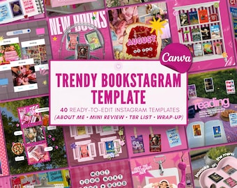 May include: A digital collection of 40 ready-to-edit Instagram templates for book enthusiasts, featuring a vibrant pink color scheme, various book-themed layouts, and text overlays including Trendy Bookstagram Template and About Me.