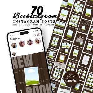 Może przedstawiać: Smartfon wyświetla szablon posta na Instagramie Bookstagram. Obraz przedstawia kolekcję 70 szablonów postów na Instagramie w brązowo-białej kolorystyce. Tekst zawiera "Bookstagram", "Instagram Posts" i "edit in Canva".