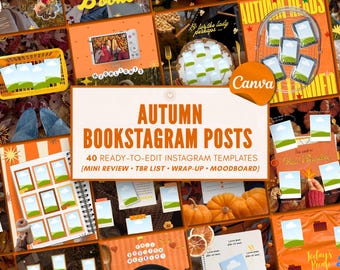 May include: A collection of 40 digital Instagram templates for autumn book content, featuring orange and brown color schemes, various layouts for book reviews, reading lists, and mood boards, with the text AUTUMN BOOKSTAGRAM POSTS.