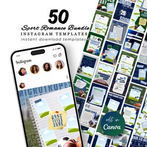 May include: A bundle of 50 Sport Romance Instagram templates. The templates have a variety of designs with footballs, green and blue backgrounds, and text such as "Coming Soon" and "Giveaway". A smartphone displays an Instagram feed.
