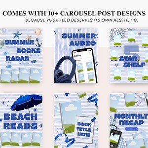 May include: A digital collection of 10+ social media carousel post templates featuring blue and white striped backgrounds. The designs include text such as SUMMER BOOKS, SUMMER AUDIO, 5 STAR SHELF, BEACH READS, and MONTHLY RECAP with graphic elements.