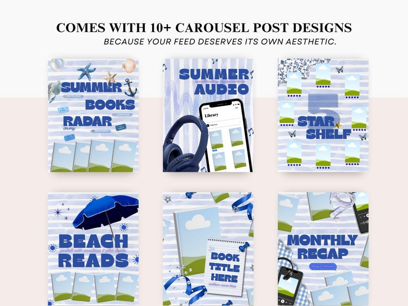 May include: A digital collection of 10+ social media carousel post templates featuring blue and white striped backgrounds. The designs include text such as SUMMER BOOKS, SUMMER AUDIO, 5 STAR SHELF, BEACH READS, and MONTHLY RECAP with graphic elements.
