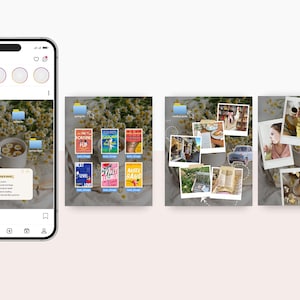 May include: A smartphone displays an Instagram interface with a digital collage of books, photos, and a notepad. The collage includes book covers, polaroid-style photos, and a notepad with a checklist. The background features flowers and a book.