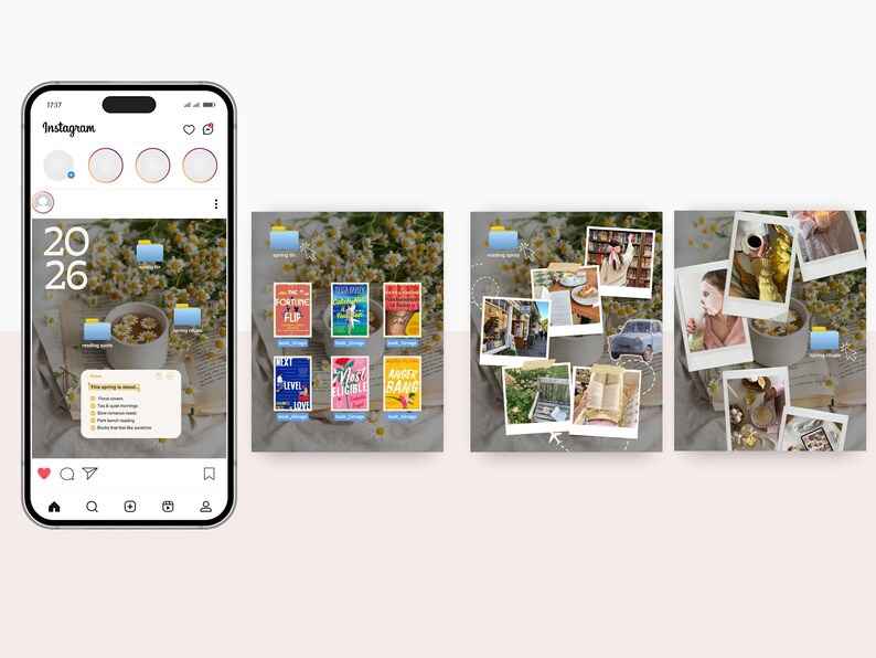 May include: A smartphone displays an Instagram interface with a digital collage of books, photos, and a notepad. The collage includes book covers, polaroid-style photos, and a notepad with a checklist. The background features flowers and a book.