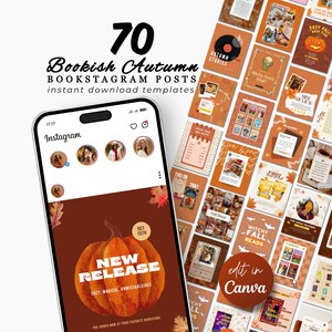 Puede incluir: Imagen que muestra 70 plantillas de publicaciones de Instagram de Otoño Literario. Las plantillas presentan una paleta de colores cálidos con diseños de calabazas y hojas de otoño. Un teléfono muestra una plantilla con un gráfico de calabaza y el texto "New Release".