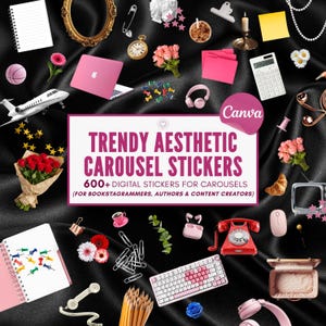 Può includere: Una collezione digitale di oltre 600 adesivi per caroselli con varie icone tra cui un portatile rosa, un telefono a disco rosso, una tastiera, fiori e articoli di cancelleria, con il testo TRENDY AESTHETIC CAROUSEL STICKERS visualizzato al centro.