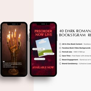 Op de afbeelding: Drie smartphones tonen digitale inhoud voor dark romance boeken-reels. De schermen tonen beelden met kaarslicht en boekgerelateerde afbeeldingen met tekstoverlays. Rechts staat een lijst met 40 DARK ROMANCE BOOKSTGRAM REELS met opsommingstekens over functies zoals gezichtsloze boek-videoachtergronden en een portretformaat van 1080 x 1920 px.