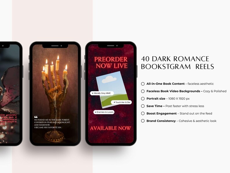 Op de afbeelding: Drie smartphones tonen digitale inhoud voor dark romance boeken-reels. De schermen tonen beelden met kaarslicht en boekgerelateerde afbeeldingen met tekstoverlays. Rechts staat een lijst met 40 DARK ROMANCE BOOKSTGRAM REELS met opsommingstekens over functies zoals gezichtsloze boek-videoachtergronden en een portretformaat van 1080 x 1920 px.