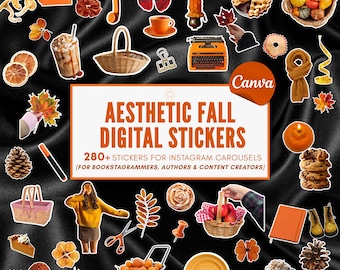 May include: A collection of digital stickers featuring autumn-themed imagery including orange pumpkins, fall foliage, cozy beverages, a typewriter, baskets, pinecones, and baked goods, with text reading AESTHETIC FALL DIGITAL STICKERS 280+ STICKERS.