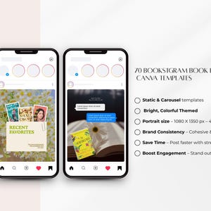 May include: Three smartphones displaying book-themed Instagram templates. The templates feature book covers, daisies, and text. The text reads "RECENT FAVORITES" and "70 BOOKSTGRAM BOOK LAUNCH CANVA TEMPLATES". The templates are bright and colorful.