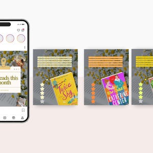 May include: Instagram post featuring a smartphone displaying a "my reads this month" graphic. The post showcases three book covers: "Twice Shy," "The Rom-Commers," and "The Paradise Problem." Each book is accompanied by star ratings and decorative elements.