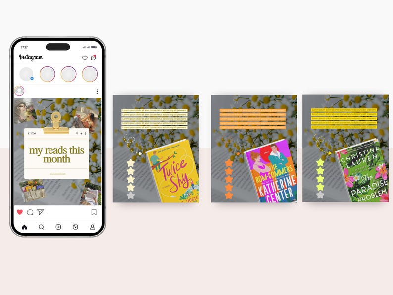 May include: Instagram post featuring a smartphone displaying a "my reads this month" graphic. The post showcases three book covers: "Twice Shy," "The Rom-Commers," and "The Paradise Problem." Each book is accompanied by star ratings and decorative elements.