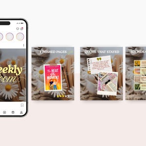 May include: Instagram post featuring a phone displaying "weekly bloom" text. The post includes images of a book, notes, and music playlists. The book cover is titled "The Heat of the Moment" by Camilla Isley. Daisies and books are in the background.