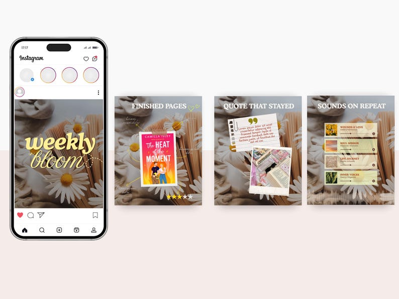 May include: Instagram post featuring a phone displaying "weekly bloom" text. The post includes images of a book, notes, and music playlists. The book cover is titled "The Heat of the Moment" by Camilla Isley. Daisies and books are in the background.