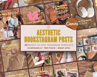 Plantillas de Bookstagram para Canva, reseñas de libros, publicaciones de Instagram, plantillas de BookTok, kit de redes sociales para amantes de los libros, paquete de cuadrículas de moda para lectores.