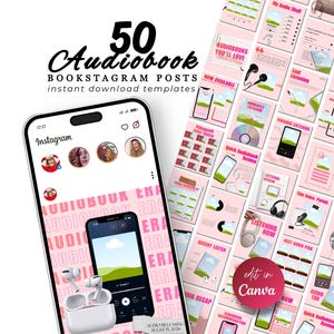 May include: A digital product mockup featuring 50 Audiobook Bookstagram post templates. The design includes a smartphone with a pink and white background, and a variety of social media post layouts. The text includes "Audiobook" and "Edit in Canva."