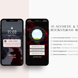 May include: Three smartphones displaying aesthetic content. One shows a landscape, another a lock screen with the time, and the third a framed image. Text reads "45 Aesthetic & Trendy Bookstagram Reels" with bullet points describing features.