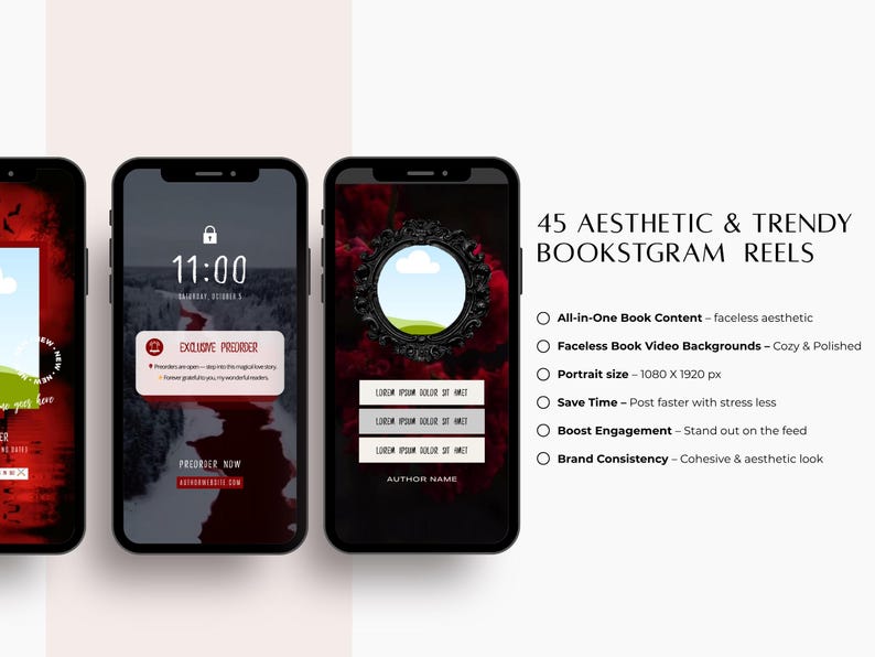 May include: Three smartphones displaying aesthetic content. One shows a landscape, another a lock screen with the time, and the third a framed image. Text reads "45 Aesthetic & Trendy Bookstagram Reels" with bullet points describing features.