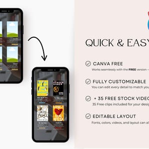 May include: Two smartphones displaying book covers and design features. The text reads "QUICK & EASY" and highlights Canva's free features, customization, stock videos, and editable layouts. A "FREE Canva" logo is in the upper right corner.