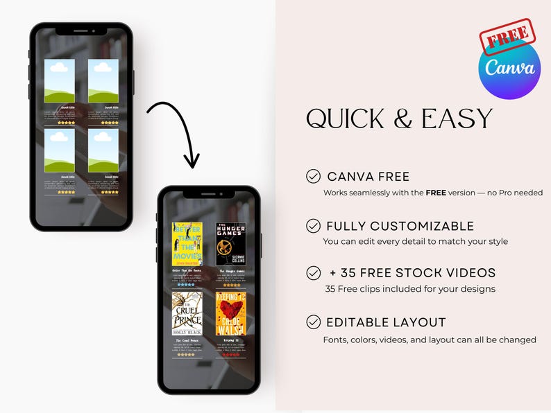May include: Two smartphones displaying book covers and design features. The text reads "QUICK & EASY" and highlights Canva's free features, customization, stock videos, and editable layouts. A "FREE Canva" logo is in the upper right corner.