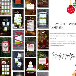 May include: A collage of digital templates with a winter and Christmas theme. The templates include various designs for social media posts, with text overlays and festive graphics. The text includes "COZY REELS, WINTER WARMTH" and "Ready to feel the magic?"