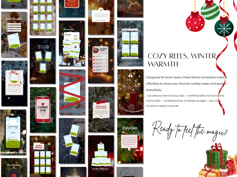 May include: A collage of digital templates with a winter and Christmas theme. The templates include various designs for social media posts, with text overlays and festive graphics. The text includes "COZY REELS, WINTER WARMTH" and "Ready to feel the magic?"